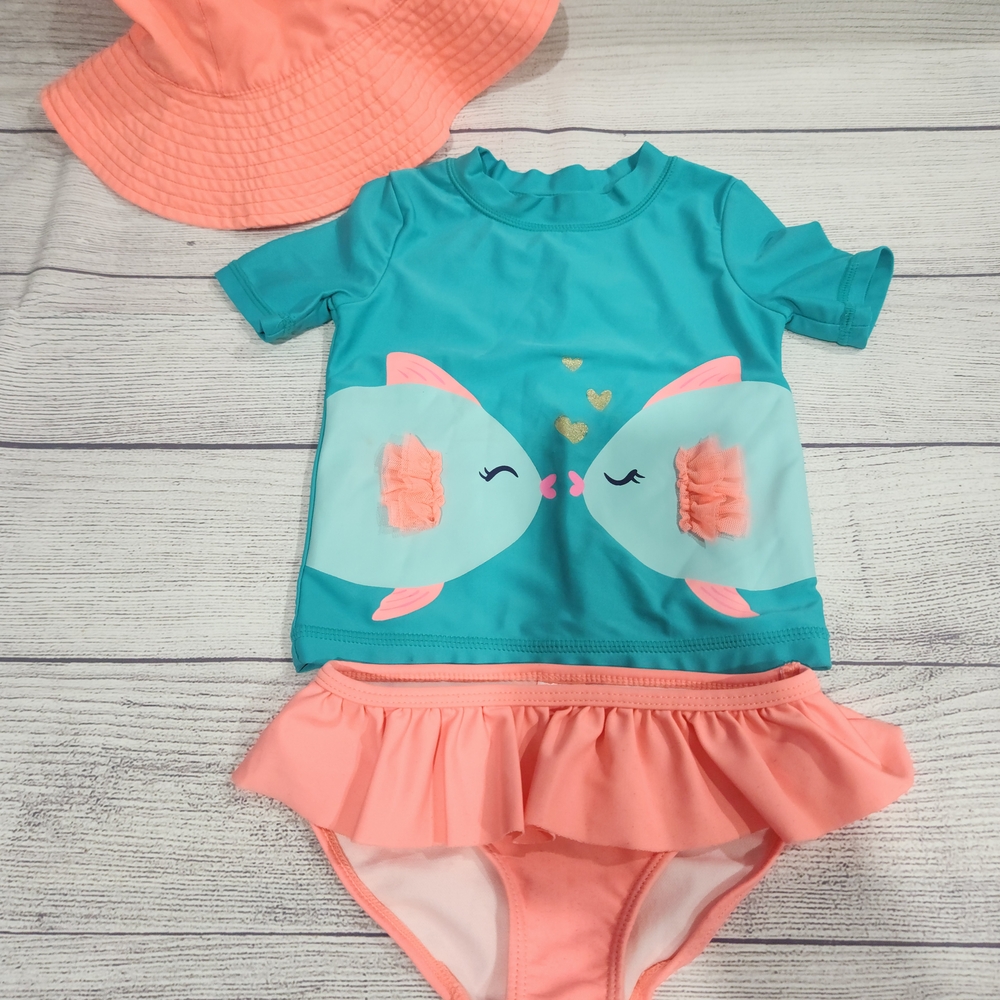 Carter's Tpddler Girl 2 Pieces Blue and Pink Rashguard Swim Set with Fish Design